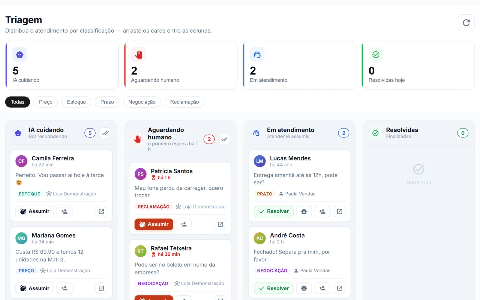 Triagem do Eleva CRM com as conversas separadas entre IA cuidando, aguardando atendente e em atendimento