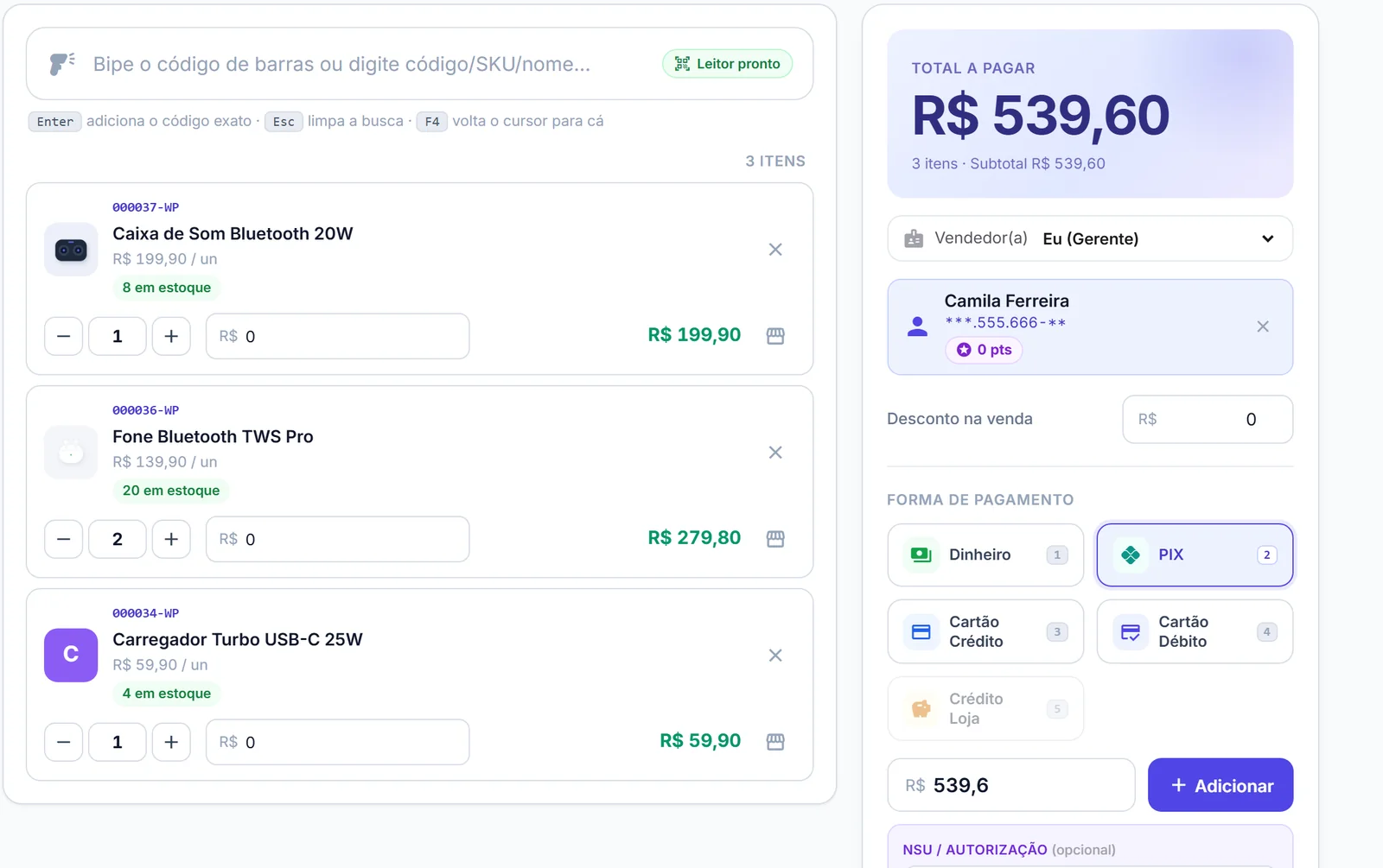 PDV do Eleva Loja com três itens no carrinho e o total a pagar